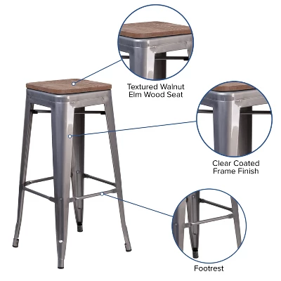 Merrick Lane Set Of 4 30 Inch Tall Clear Coated Gray Metal Bar Counter Stool With Textured Walnut Elm Wood Seat 4 Merrick Lane Set Of 4 30 Inch Tall Clear Coated Gray Metal Bar Counter Stool With Textured Walnut Elm Wood Seat - Image 4