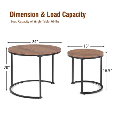 Costway Nesting Coffee Table Set Of 2 For Balcony Living Room Modern Round Side Tables Rustic Brown/Brown/Gold 2 Costway Nesting Coffee Table Set Of 2 For Balcony Living Room Modern Round Side Tables Rustic Brown/Brown/Gold - Image 2