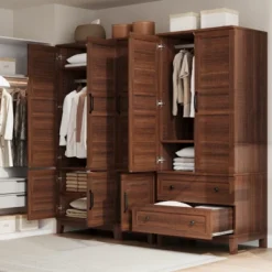 Armoire Wardrobe Closet With 2 Drawers,72" Wooden Tall Clothing Wardrobe Cabinet With Hanging Rod, Armoire With Doors Adjustable Shelves For Bedroom