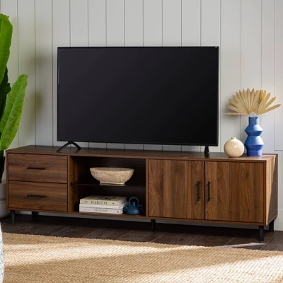 Sana Modern Triple Storage TV Stand For TVs Up To 80" Dark Walnut - Saracina Home 2 Sana Modern Triple Storage TV Stand For TVs Up To 80" Dark Walnut - Saracina Home - Image 2