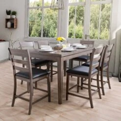 7pc New York Counter Height Wood Dining Set Washed Gray - CorLiving