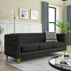 Living Room Modern Velvet Sofa With Button Tufted Square Arms And Metal Legs - ModernLuxe -Baxton Studio Sale Shop GUEST 4b51f195 8c19 4be4 bd78 029c2311e19d