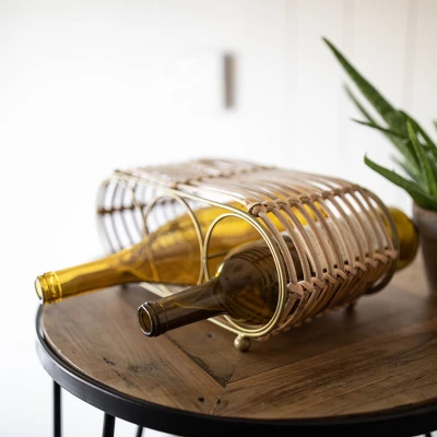 Wrapped Brass Metal & Rattan Wine Bottle Holder - Foreside Home & Garden 8 Wrapped Brass Metal & Rattan Wine Bottle Holder - Foreside Home & Garden - Image 8