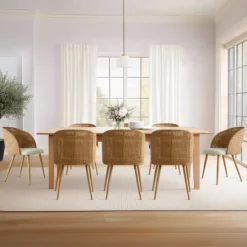 Set Of 8 Rattan Dining Chairs, Mid-Century Upholstered Cane Back Chairs With Armrests, Wood-Look Metal Legs For Dining Room & Kitchen-Maison Boucle -Baxton Studio Sale Shop GUEST 4bb04d57 ee9e 49e4 afc8 bc556e26603a