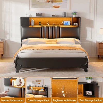 Aheaplus Upholstered Headboard With Storage Shelf And Small Cabinet, Headboard Power Outlet And LED Light 5 Aheaplus Upholstered Headboard With Storage Shelf And Small Cabinet, Headboard Power Outlet And LED Light - Image 5