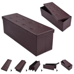 Costway 45''x15''x15'' Large Folding Storage Faux Leather Ottoman Pouffe Box Stool Brown