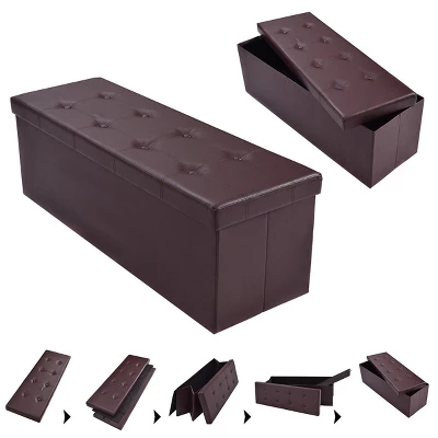 Costway 45''x15''x15'' Large Folding Storage Faux Leather Ottoman Pouffe Box Stool Brown 1 Costway 45''x15''x15'' Large Folding Storage Faux Leather Ottoman Pouffe Box Stool Brown