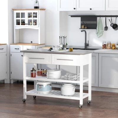 HOMCOM Kitchen Island With Stainless Steel Top, Traditional Kitchen Island With Storage, 2-Tier Open Shelves, Drawers, White 2 HOMCOM Kitchen Island With Stainless Steel Top, Traditional Kitchen Island With Storage, 2-Tier Open Shelves, Drawers, White - Image 2