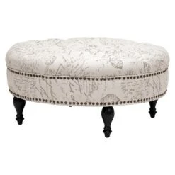 Palfrey Tufted Ottoman Beige - Baxton Studio: Eucalyptus Frame, Linen Upholstery, French Script Print