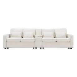 114.2" Modern Linen Upholstered Sofa With Console, 2 Cup Holders, 2 USB Ports, Wireless Charging And 4 Pillows - ModernLuxe 14 114.2" Modern Linen Upholstered Sofa With Console, 2 Cup Holders, 2 USB Ports, Wireless Charging And 4 Pillows - ModernLuxe -Baxton Studio Sale Shop GUEST 4fee25e8 95da 4e83 9861 3731ac5f7f26