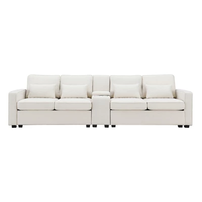 114.2" Modern Linen Upholstered Sofa With Console, 2 Cup Holders, 2 USB Ports, Wireless Charging And 4 Pillows - ModernLuxe 4 114.2" Modern Linen Upholstered Sofa With Console, 2 Cup Holders, 2 USB Ports, Wireless Charging And 4 Pillows - ModernLuxe - Image 4