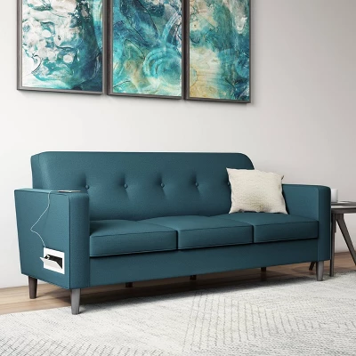 Philbin Square Arm Sofa With USB & Power Ports Linen Peacock Blue - Handy Living 1 Philbin Square Arm Sofa With USB & Power Ports Linen Peacock Blue - Handy Living