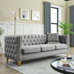 Living Room Modern Velvet Sofa With Button Tufted Square Arms And Metal Legs - ModernLuxe -Baxton Studio Sale Shop GUEST 5208e92b e0fd 4fa7 961e bb463519b727