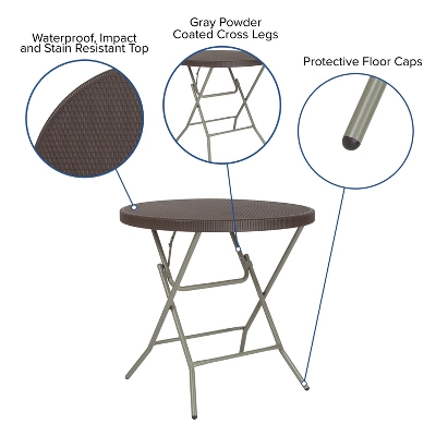 Emma And Oliver 2.6-Foot Round Brown Rattan Plastic Folding Table - Outdoor Event Table 2 Emma And Oliver 2.6-Foot Round Brown Rattan Plastic Folding Table - Outdoor Event Table - Image 2