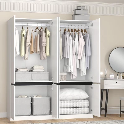 TIRAMISUBEST 74" White 4-Door Wardrobe With Mirror - Freestanding Armoire Closet With 2 Hanging Rods For Bedroom Storage (74.8"H) 1 TIRAMISUBEST 74" White 4-Door Wardrobe With Mirror - Freestanding Armoire Closet With 2 Hanging Rods For Bedroom Storage (74.8"H)
