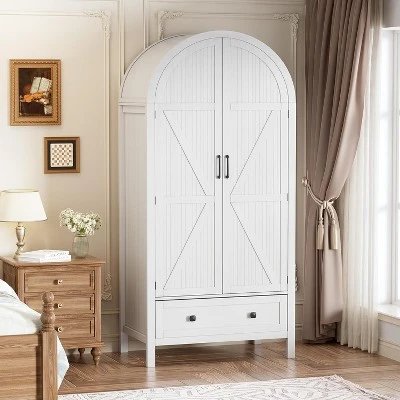 PAKASEPT 70.9‘’ Arched Wooden Armoire Wardrobe Closet With Drawers And Fluted Doors, With Light & Shelves And Hanging Rod, White 4 PAKASEPT 70.9‘’ Arched Wooden Armoire Wardrobe Closet With Drawers And Fluted Doors, With Light & Shelves And Hanging Rod, White - Image 4