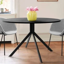 43'' Jones Solid Black Grain Round Dining Table With 4 Upholstered Faux Leather Tiny Armchairs With Metal Legs-The Pop Maison -Baxton Studio Sale Shop GUEST 553c141f fbd9 40d9 a7fb a2d286f576dc