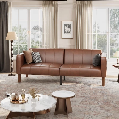 75" Futon Sofa Bed, Convertible Sleeper, Faux Leather Small Couch, Loveseat, Mid-Century Modern Couch For Living Room, Bedroom, Brown 2 75" Futon Sofa Bed, Convertible Sleeper, Faux Leather Small Couch, Loveseat, Mid-Century Modern Couch For Living Room, Bedroom, Brown - Image 2