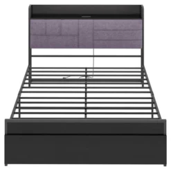 Full Bed Frame With Headboard And Storage, Heavy Duty Bed Frames With 2 Storage Drawers, Black Bedframe With Charging Station, No Box Spring Needed