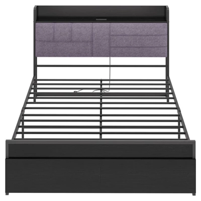 Full Bed Frame With Headboard And Storage, Heavy Duty Bed Frames With 2 Storage Drawers, Black Bedframe With Charging Station, No Box Spring Needed 1 Full Bed Frame With Headboard And Storage, Heavy Duty Bed Frames With 2 Storage Drawers, Black Bedframe With Charging Station, No Box Spring Needed