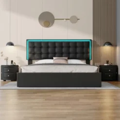 3-Pieces Bedroom Sets, Queen Size Bed With Led Lights, Two Nightstands With 2 Drawers For Each-Cuddlewood