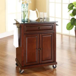 Wood Solid Black Granite Top Kitchen Cart In Mahogany Brown - Pemberly Row