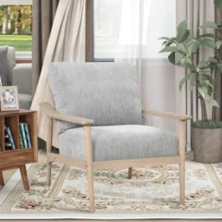 Oris 24.8" Wide Linen Upholstered Thick Seat Cushion Solid Wood Legs With Arm Chair With Vertical Slatted Back Accent Chair-The Pop Maison -Baxton Studio Sale Shop GUEST 5700acca c470 4122 a429 3b521a88c8a0