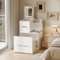 Famapy Space Saving Makeup Vanity W/Light USB Wireless Charging Dressing Vanity Table