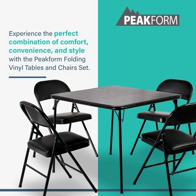 Peakform 5 Piece Folding Vinyl Tables And Chairs With Easy Cleaning And Storage For Home Use, Indoor Spaces, And Office, Black 1 Peakform 5 Piece Folding Vinyl Tables And Chairs With Easy Cleaning And Storage For Home Use, Indoor Spaces, And Office, Black