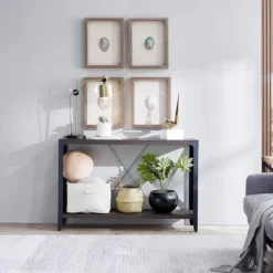 OKD 46 Inch 2-Tier Console Sofa Hallway Entryway Accent Table With Metal Frame, And Adjustable Scratch-Resistant Feet, Barnwood Brown -Baxton Studio Sale Shop GUEST 5c11338f d76a 46c6 a66c 3e0303cda895