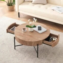 Round Coffee Table With Drawers Circle Living Room Table Wood Accent Coffee Table -Baxton Studio Sale Shop GUEST 5db1faf6 8d1d 4b4c b43d 322a133d1b4b