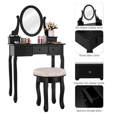 Costway Vanity Table Makeup Table Cushioned Mirror 5 Drawers Black 2 Costway Vanity Table Makeup Table Cushioned Mirror 5 Drawers Black - Image 2