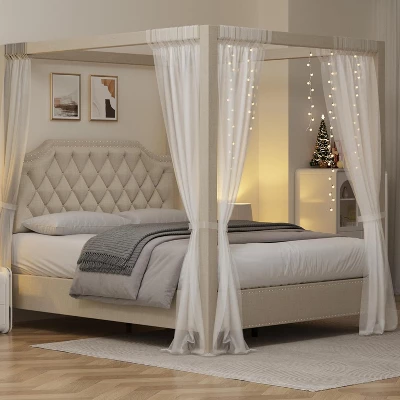 Upholstered Canopy Bed Frame With Headboard, Button Tufted, Nailhead Trim Design, No Box Spring Required 2 Upholstered Canopy Bed Frame With Headboard, Button Tufted, Nailhead Trim Design, No Box Spring Required - Image 2