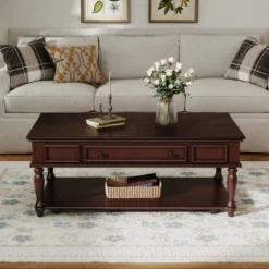 Christopher Knight Home Sana Retro Rubberwood Coffee Table With One Drawer, Shelf And Lockable Wheels -Baxton Studio Sale Shop GUEST 5f42a2c9 de92 44d0 bfa4 ec1a86180a46