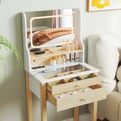 Costway Small Vanity Desk Set With Adjustable LED Lighted Mirror And Power Outlets White -Baxton Studio Sale Shop GUEST 605747e0 47d7 4dda 99b0 0e8633c48eb1