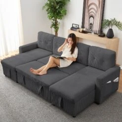 103"W Corduroy 4-Seater Modular Sleeper Sofa Bed With Storage Chaise,U-shaped Sofa With Pull-out Bed,Dark Grey