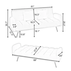 Aukfa 69"Convertible Sofa Bed With Teddy Fabric & Gold Legs - Modern Futon Couch Includes 2 Pillows, For Living Room/Bedroom