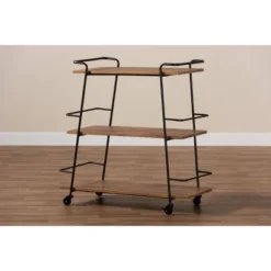 3 Tier Bernard Industrial Metal And Wood Mobile Wine Bar Cart Black/Walnut - Baxton Studio -Baxton Studio Sale Shop GUEST 61b9a6bd f52f 4fd1 a73a 4cc0bb493645