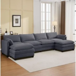 Hyleory Corduroy U-Shaped Sectional Sofa, 4-Seater Couch With 2 Movable Ottomans, Modular Living Room Furniture -Baxton Studio Sale Shop GUEST 61c4c825 fea2 4476 864c e6698f48d4d4