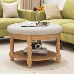 Costway 29" Large Round Ottoman Coffee Table Storage Bench With Flip-up Top Storage Shelf