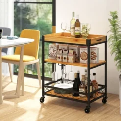 Costway 3-Tier Kitchen Cart Island Rolling Rack Serving Trolley Detachable Top & Glass Holder -Baxton Studio Sale Shop GUEST 62e122d6 8e76 4029 8e98 bdc03998c8dc