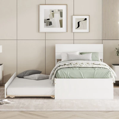 Modern Twin Bed Frame With Twin Trundle, Solid Wood Platform Bed With Headboard, No Box Spring Needed, Wooden Slats Supports, White 2 Modern Twin Bed Frame With Twin Trundle, Solid Wood Platform Bed With Headboard, No Box Spring Needed, Wooden Slats Supports, White - Image 2