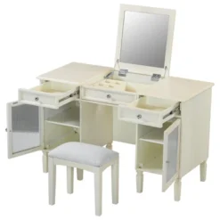 ModernLuxe Makeup Vanity Desk With Flip-Top Mirror, Stool, Drawer & Cabinet, White Vanity Table Dressing Table Multi-Functional Computer Writing Desk -Baxton Studio Sale Shop GUEST 634f2b06 cdc5 4344 8f01 e8778fcb6522