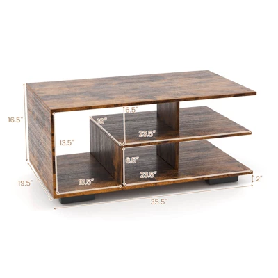 Costway Coffee Table W/ L-shaped Middle Shelf For Living Room Rustic Brown 2 Costway Coffee Table W/ L-shaped Middle Shelf For Living Room Rustic Brown - Image 2