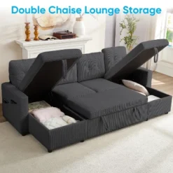 103"W Corduroy 4-Seater Modular Sleeper Sofa Bed With Storage Chaise,U-shaped Sofa With Pull-out Bed，Dark Grey -Baxton Studio Sale Shop GUEST 6443432d 1f2a 402c b0e7 40b6f89c1cfa