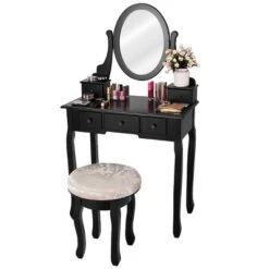 Costway Vanity Table Makeup Table Cushioned Mirror 5 Drawers Black 14 Costway Vanity Table Makeup Table Cushioned Mirror 5 Drawers Black -Baxton Studio Sale Shop GUEST 64473ebf dd11 4bd2 bdda bb60eab9bd72