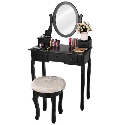 Costway Vanity Table Makeup Table Cushioned Mirror 5 Drawers Black 7 Costway Vanity Table Makeup Table Cushioned Mirror 5 Drawers Black - Image 7