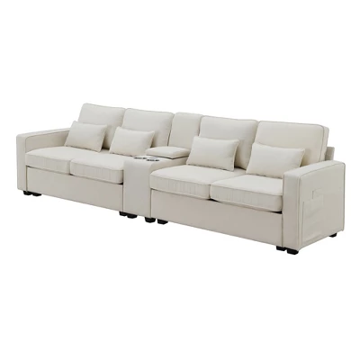 114.2" Modern Linen Upholstered Sofa With Console, 2 Cup Holders, 2 USB Ports, Wireless Charging And 4 Pillows - ModernLuxe 3 114.2" Modern Linen Upholstered Sofa With Console, 2 Cup Holders, 2 USB Ports, Wireless Charging And 4 Pillows - ModernLuxe - Image 3