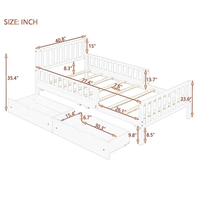 Twin/Full Size Wood Platform Bed Frame With Guardrails And Two Storage Drawers - ModernLuxe 3 Twin/Full Size Wood Platform Bed Frame With Guardrails And Two Storage Drawers - ModernLuxe - Image 3
