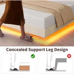 Full/Queen Size Floating Bed Frame With RGB LED Lights & Charging Station - Upholstered Suspended Bed, Storage Headboard, No Box Spring Needed -Baxton Studio Sale Shop GUEST 64b94783 3829 49ca a613 569fb63f500b